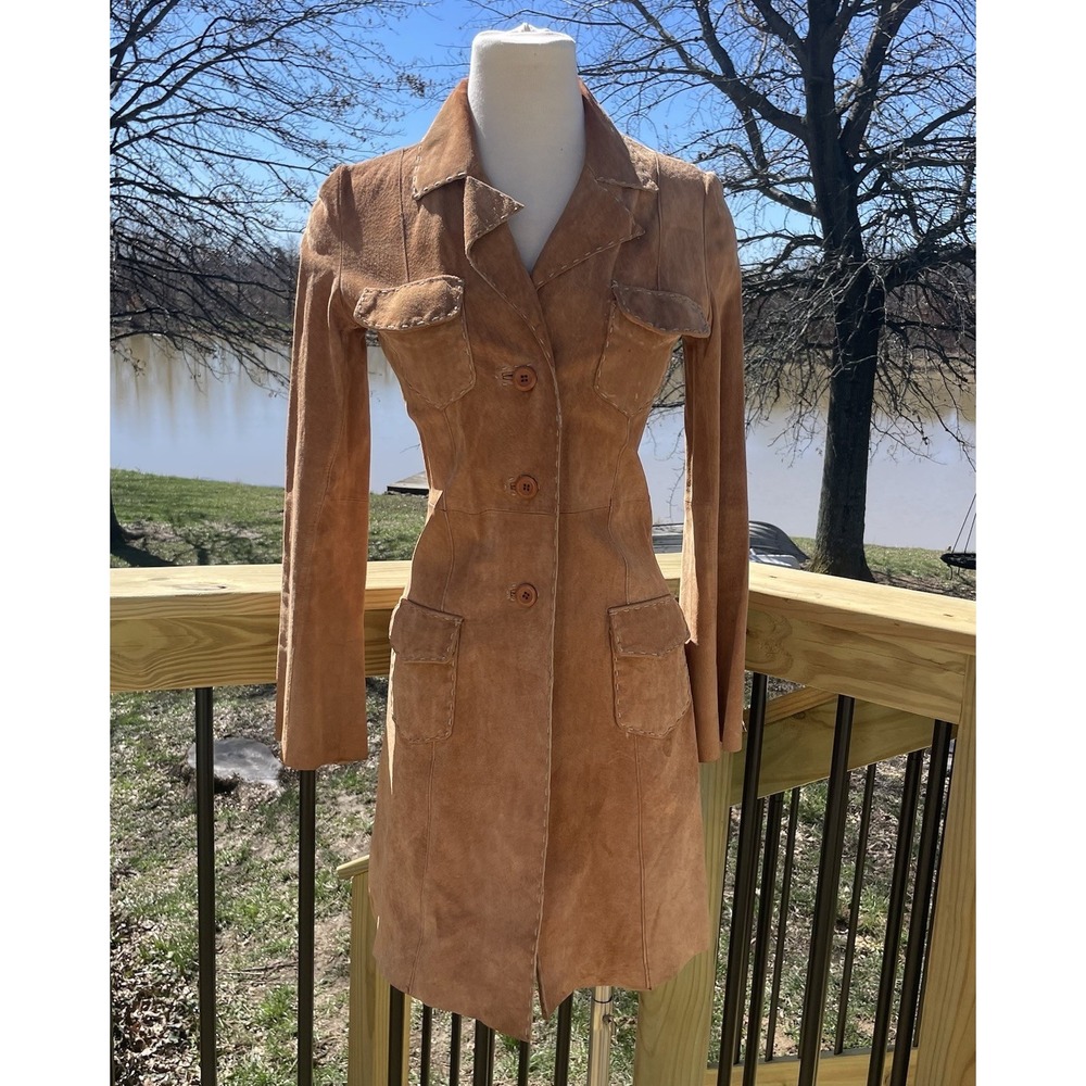 Y2K Arden B Trench Coat Suede Leather Tan Stitched Western Boho Festival Button